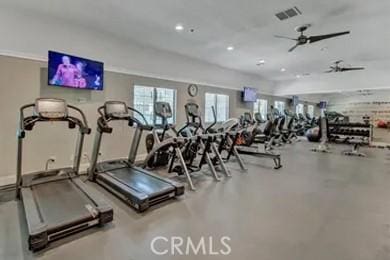 workout area featuring ceiling fan