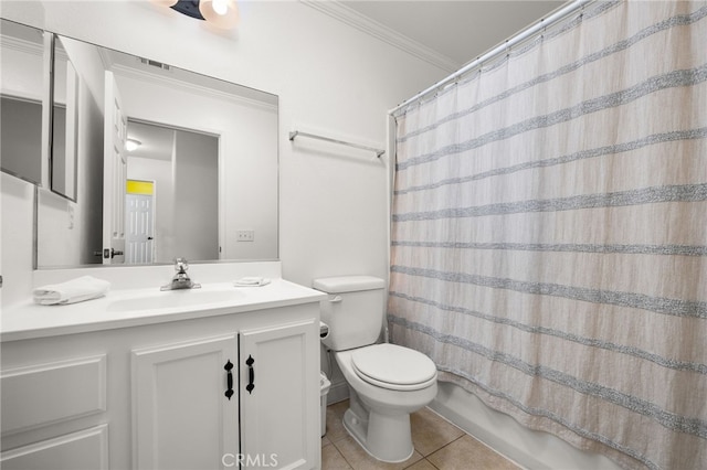 full bathroom with shower / bath combo, vanity, crown molding, tile patterned flooring, and toilet