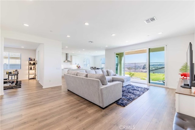 living room featuring plenty of natural light and light hardwood / wood-style floors