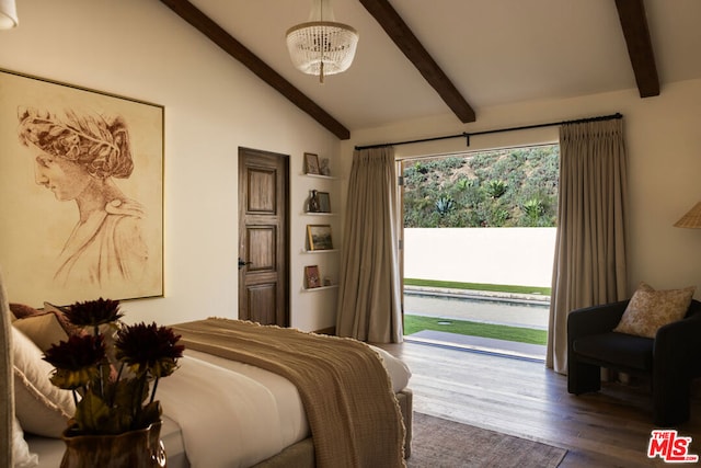 bedroom featuring access to exterior, an inviting chandelier, dark hardwood / wood-style flooring, lofted ceiling with beams, and a water view