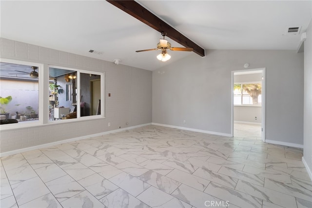 unfurnished room featuring vaulted ceiling with beams and ceiling fan