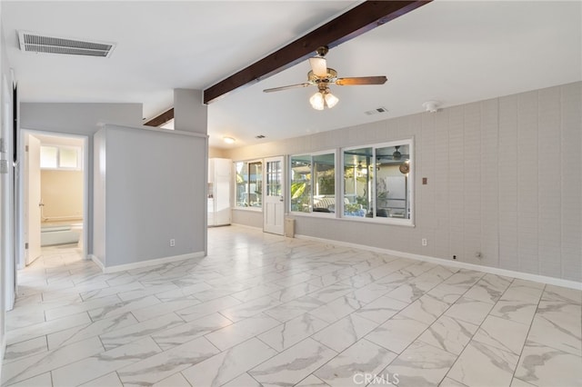 unfurnished room with vaulted ceiling with beams and ceiling fan