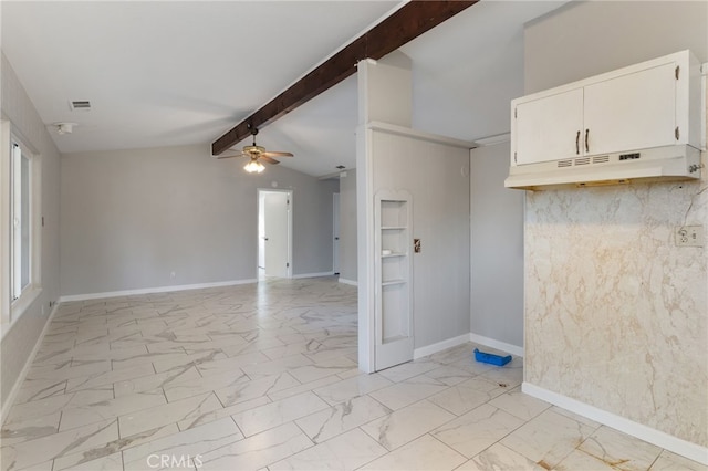 unfurnished room featuring lofted ceiling with beams and ceiling fan