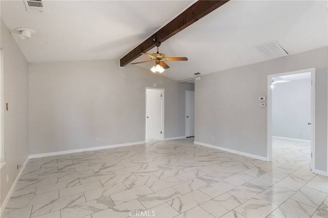 spare room featuring vaulted ceiling with beams and ceiling fan