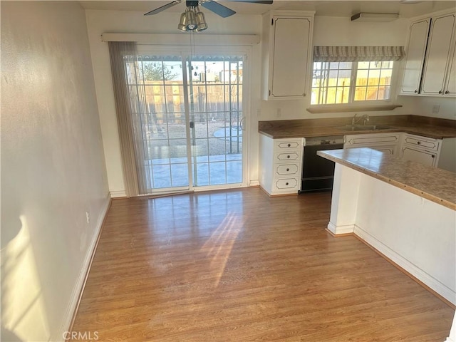 kitchen featuring white cabinets, light wood-type flooring, black dishwasher, and a wealth of natural light