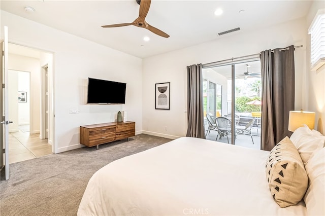 carpeted bedroom featuring access to exterior and ceiling fan