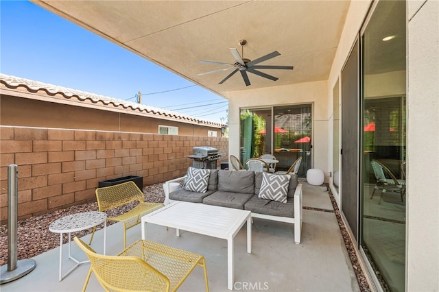 view of patio featuring outdoor lounge area, ceiling fan, and a grill