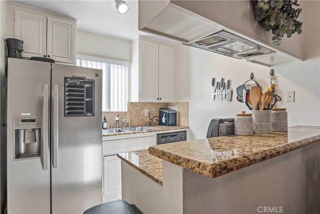 kitchen with kitchen peninsula, sink, white cabinets, and stainless steel refrigerator with ice dispenser