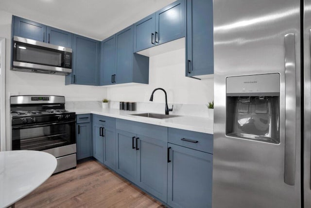 kitchen featuring dark hardwood / wood-style flooring, sink, stainless steel appliances, and blue cabinets