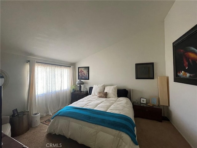 carpeted bedroom featuring lofted ceiling