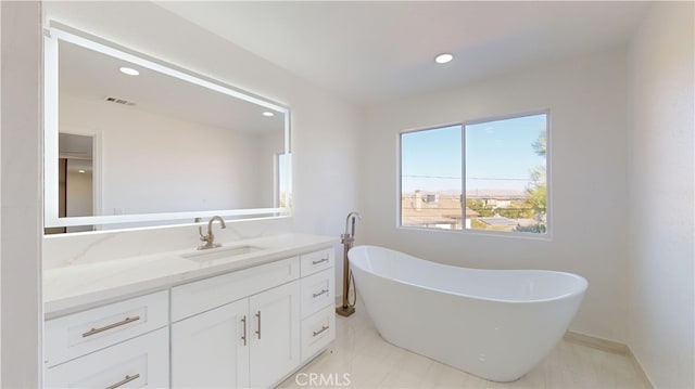 bathroom with a bathing tub and vanity