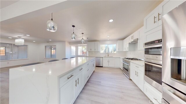 kitchen featuring a large island, hanging light fixtures, stainless steel appliances, light hardwood / wood-style floors, and white cabinets