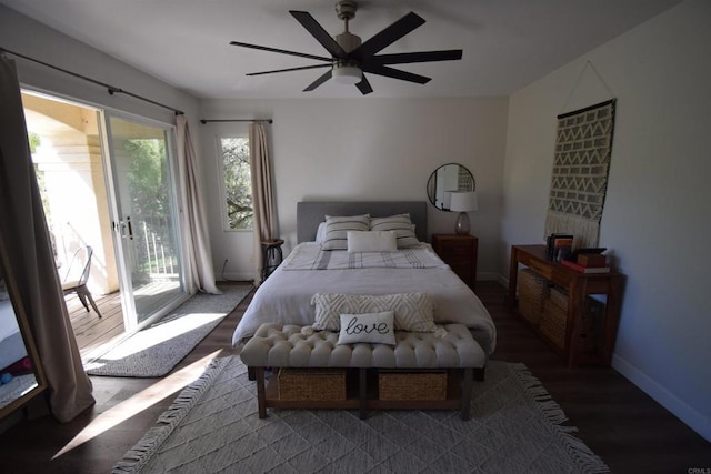 bedroom featuring access to outside, ceiling fan, and hardwood / wood-style flooring