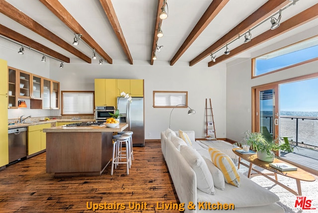 kitchen featuring sink, dark hardwood / wood-style floors, beam ceiling, a kitchen island, and stainless steel appliances