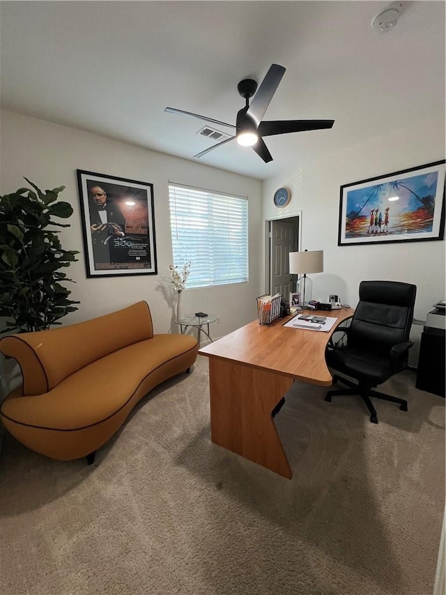 office area featuring carpet flooring and ceiling fan