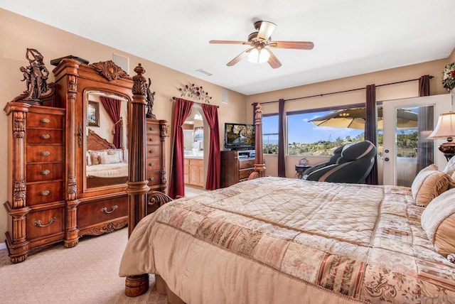 bedroom featuring carpet floors, access to outside, and ceiling fan