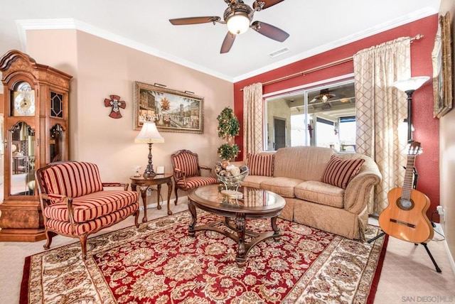 living room with crown molding and carpet floors