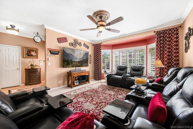 living room with carpet, ceiling fan, and ornamental molding