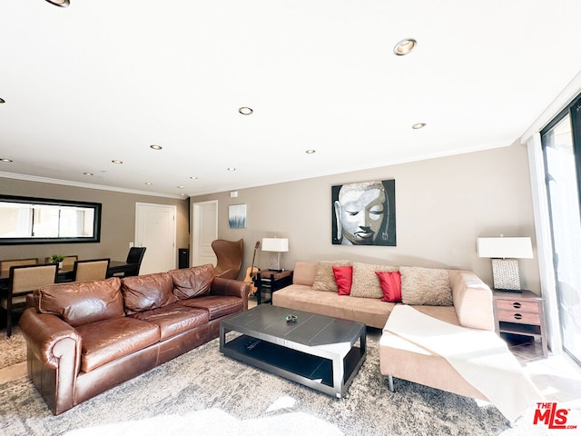 living room with crown molding