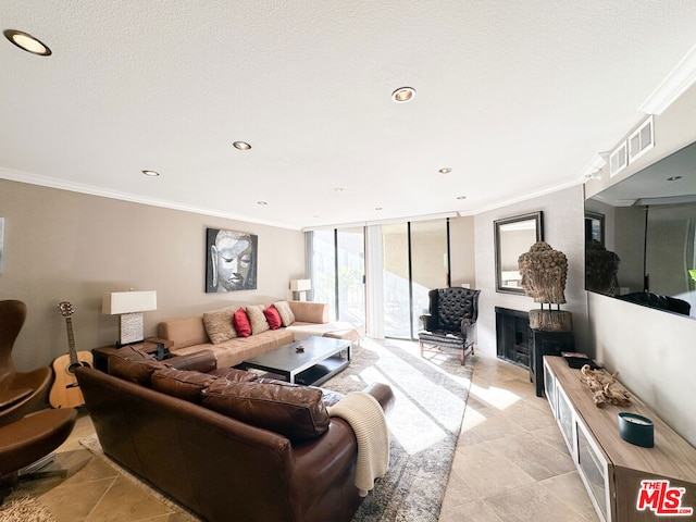 tiled living room featuring crown molding