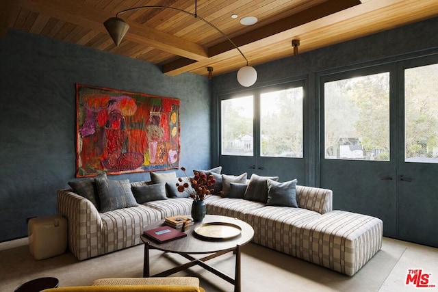 living room featuring beam ceiling and wood ceiling