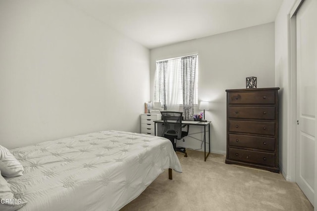 bedroom with light carpet and a closet