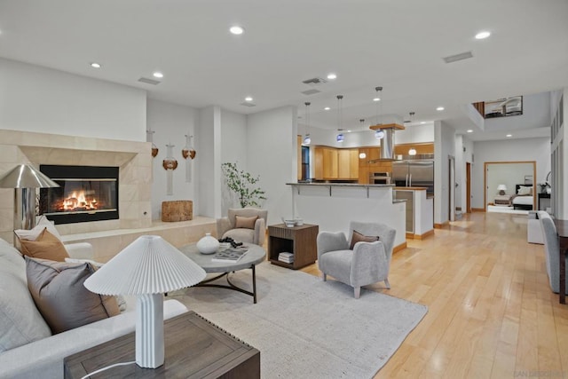 living room featuring a premium fireplace and light wood-type flooring