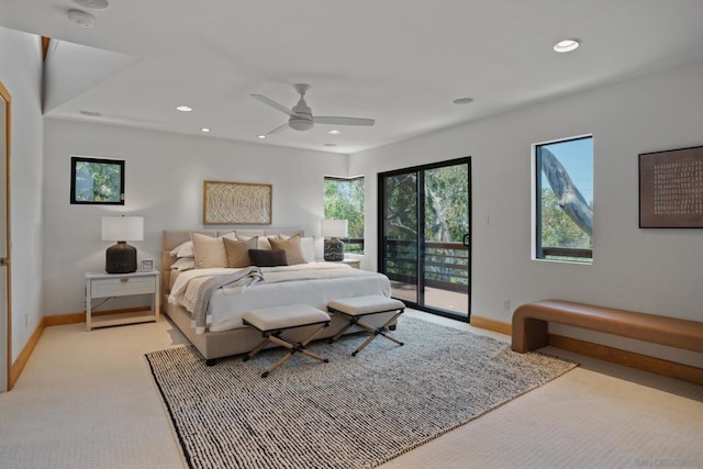 carpeted bedroom with access to exterior and ceiling fan