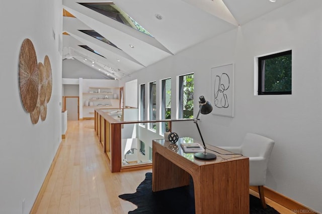 interior space featuring high vaulted ceiling and light hardwood / wood-style floors