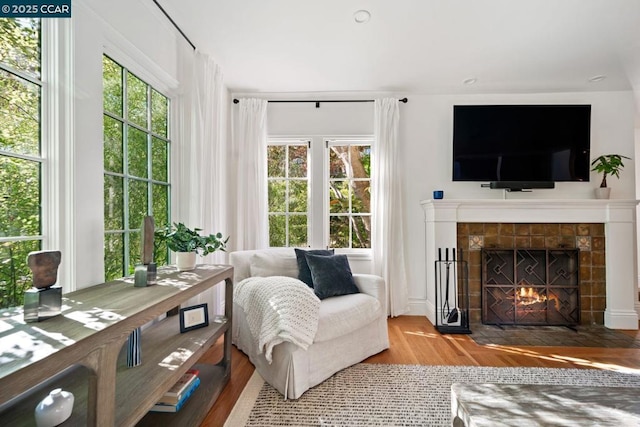 sitting room with a wealth of natural light, a fireplace, and wood-type flooring