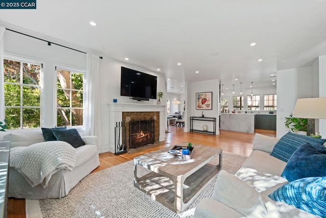 living room with light hardwood / wood-style floors, a tile fireplace, and a healthy amount of sunlight