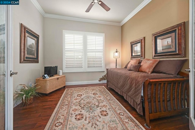 bedroom with ceiling fan, dark wood-type flooring, and crown molding