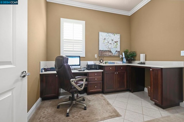 tiled home office with crown molding