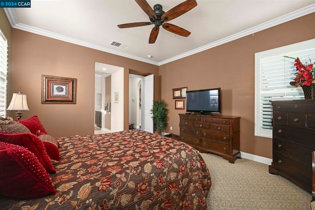 bedroom with ceiling fan, light colored carpet, and ornamental molding