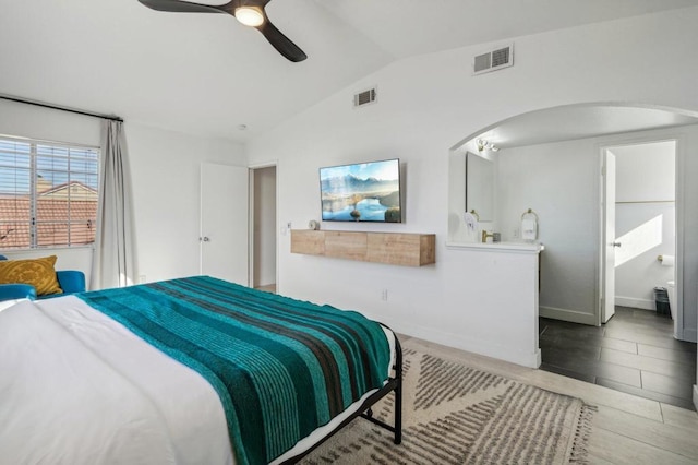 bedroom with tile patterned flooring, ceiling fan, and lofted ceiling