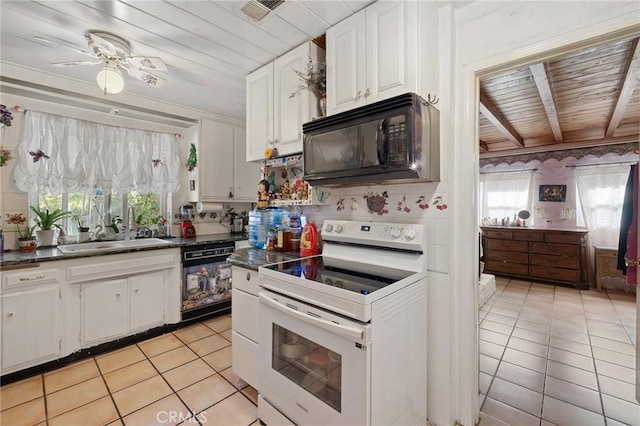 kitchen featuring black appliances, white cabinets, wooden ceiling, and sink