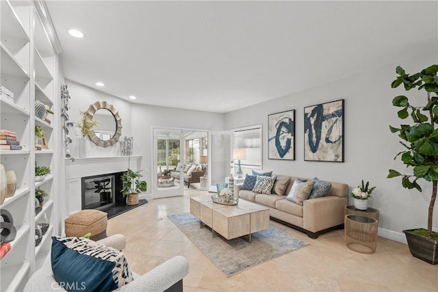 tiled living room featuring built in features