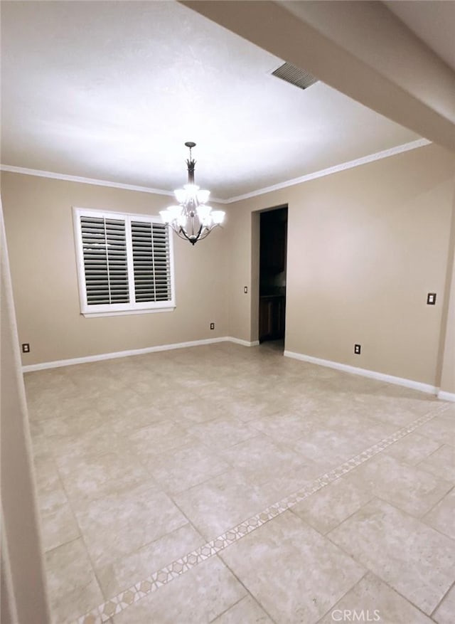 unfurnished room featuring a chandelier and crown molding