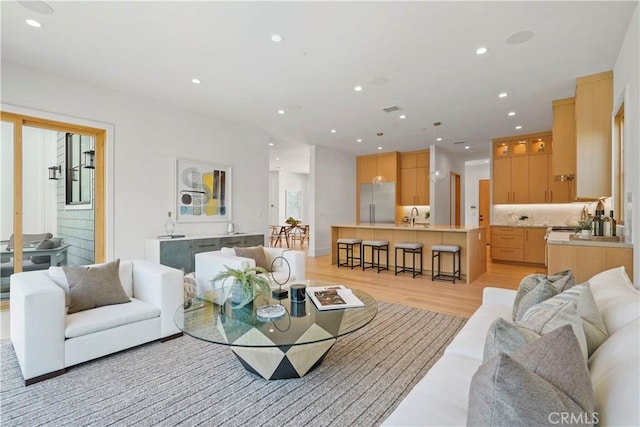 living room with light hardwood / wood-style floors and sink