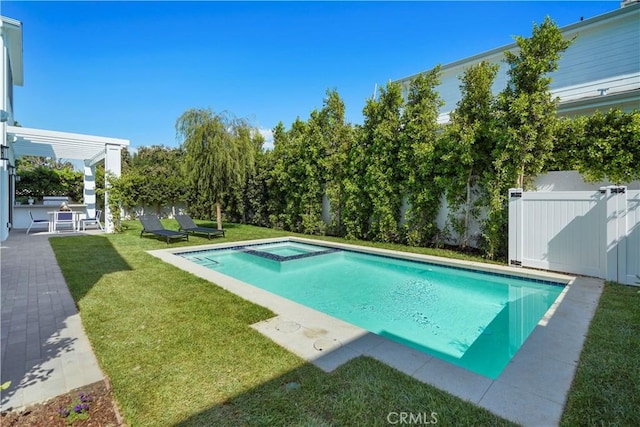 view of swimming pool featuring an in ground hot tub, a pergola, a patio, and a lawn