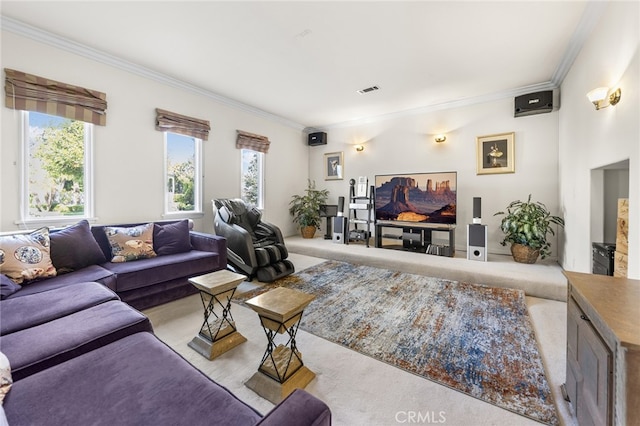 carpeted living room with ornamental molding