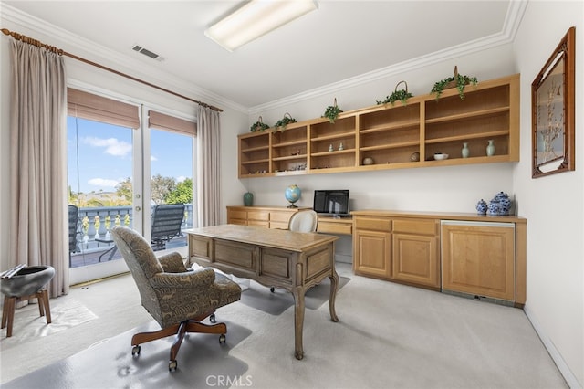 office featuring crown molding and light carpet