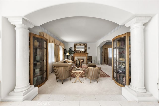 tiled living room with ornamental molding