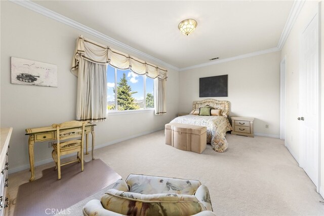 carpeted bedroom with ornamental molding