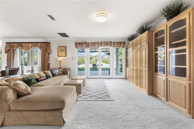 carpeted living room featuring plenty of natural light and crown molding