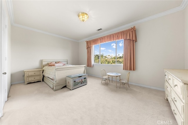 carpeted bedroom with ornamental molding