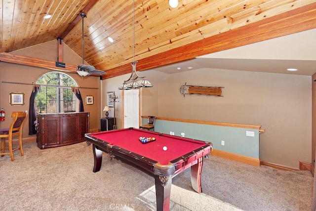 game room with vaulted ceiling with beams, wood ceiling, light carpet, and billiards