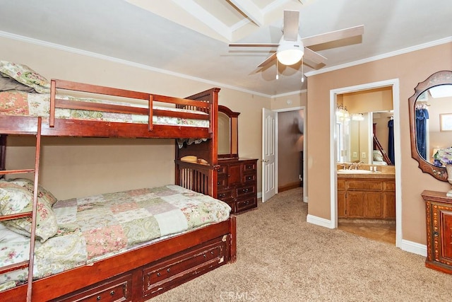 bedroom with light carpet, sink, ceiling fan, ornamental molding, and connected bathroom