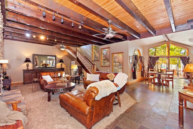 living room with lofted ceiling with beams, rail lighting, and wood ceiling