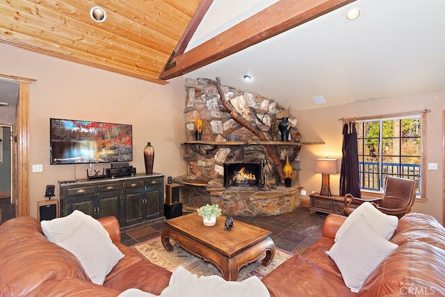 tiled living room with vaulted ceiling with beams and a stone fireplace